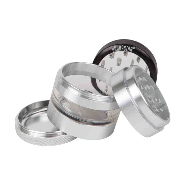 Kannastör® Clear Top Jar Body 4-Piece Multi Chamber Grinder with Stainless Easy Change Screen™ - 2.2" -KNSTR-SKJCL-M4-22