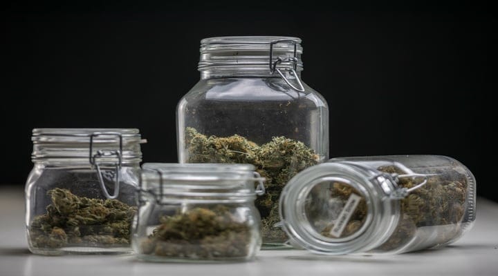 cannabis buds in glass jars